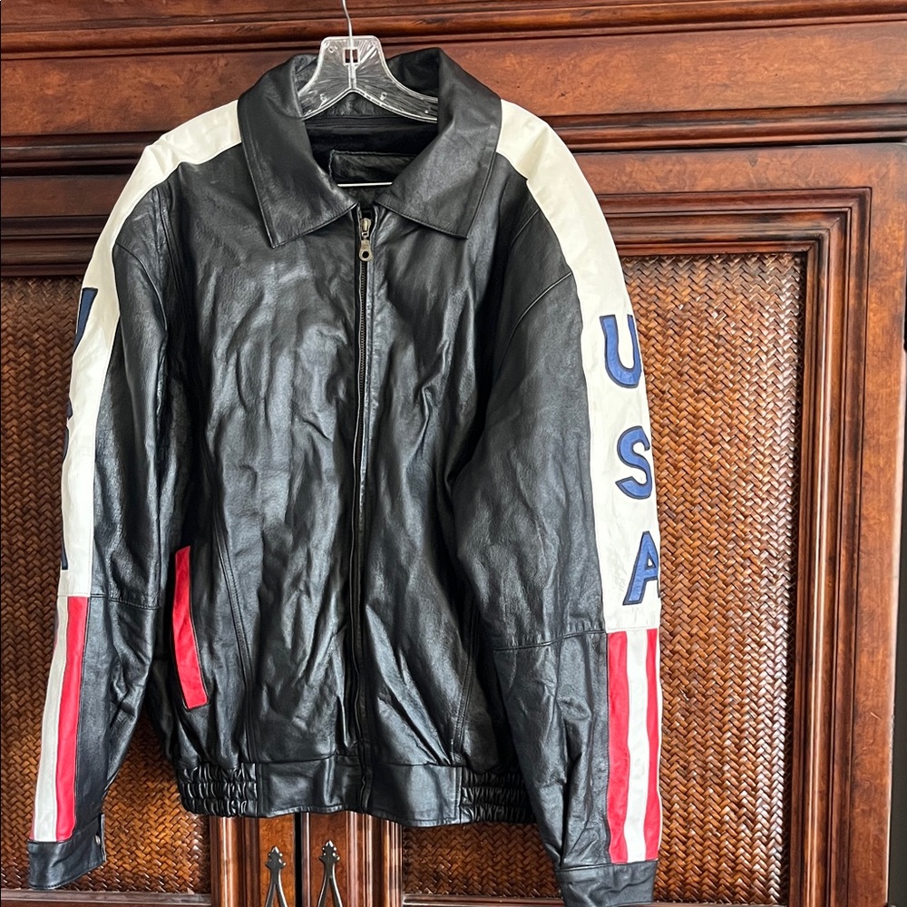 Men's Black Leather Bomber Jacket with USA Sleeve Design